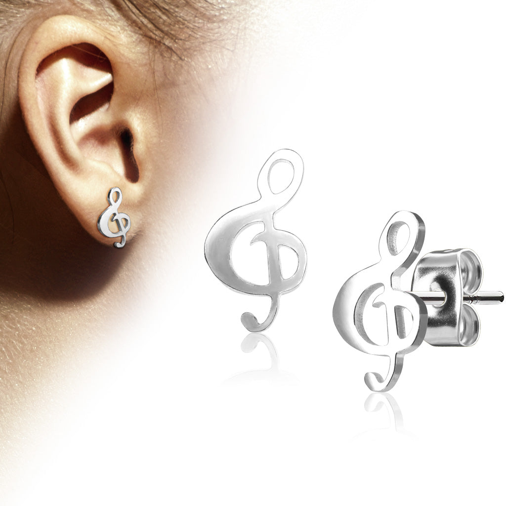 MJ-SE3302 Pair of Hand Polished Music Clef 316L Stainless Steel Earring Studs